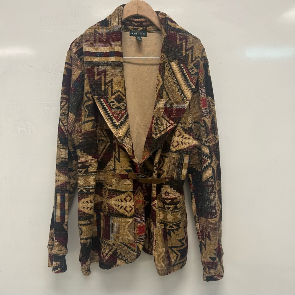 Lauren Ralph Lauren southwest Aztec print leather toggle blazer cardigan L - Picture 2 of 9